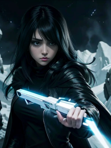 ((emo_hairstyle)), (((Jessica_Faulkner))), tronwear, pale skin, tight black cloak, pale blue eyes, aiming gun, long hair, straight hair, long bob, (((black hair))), white skin, pale, white, spaceship, gun, moon, leather turtleneck, Milky Way Galaxy, pointi...