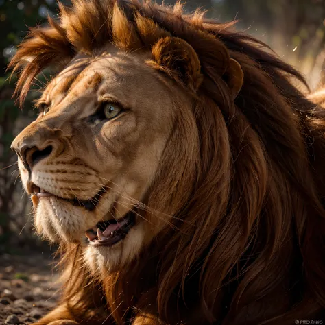 (Alto,Realistic,fotorrealista:1.2), (Red majestic lion with burning mane,rugidos fortes e grandes), (Foto real, Captured by professional camera,hyper-realistic), (Detailed muscles and hair), (olhar intenso),(fundo escuro, cores contrastantes), (Soft lighti...