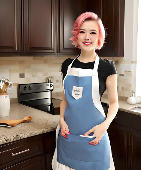 a closeup portrait of a playful maid, undercut hair, natural, apron, amazing body, pronounced feminine feature, kitchen, [ash blonde | ginger | pink hair], freckles, flirting with camera