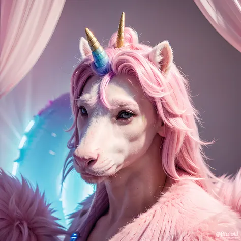 Drawing of a male unicorn with pink fur and his tail so bright