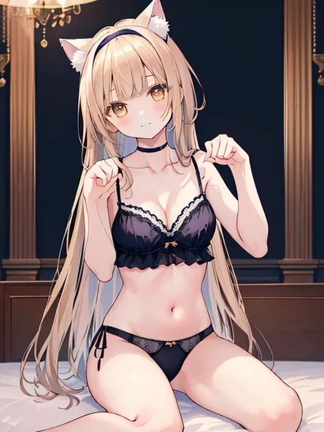 (((masterpiece: 1.5, best quality, high resolution: 1.3, super resolution, super detailed, ultra detailed:1.3, rich background:1.2))), shiina mahiru, yellow eyes, floating hair, very long hair, blunt bangs, cute hairpin, chocker, lingerie, bra, navel, pant...