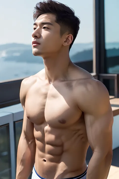 Masterpiece, Best Quality, Solo, Korean Men, bodybuilder, Muscular body, big muscle, Natural eyes, Short and delicate hair, Sexy Man, looking up at viewer, Triangle Mens Swimwear, Standing, Muscular posture