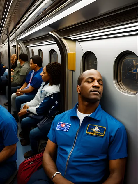 (Masterpiece) a photorealistic image of an astronaut asleep in a New York subway car