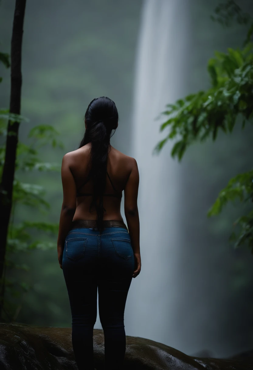 back side photo without face . very Long focus. Far away kerala big boobed , curvy girl  standing in heavy rain and fog in forest under waterfall -big ass, wet body. Long view sexy view. giving back pose without face. semi . Big ass - 8K quality - realisti...