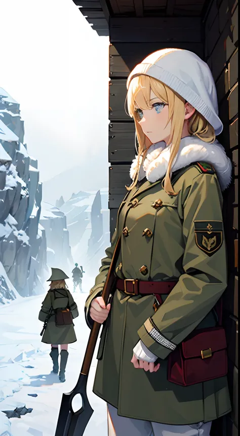 trench warfare, WW1, {{2 girls}}, blond, in snow mountain, fjord, white ushanka, winter coat, BDU, 1 girl holding shovel, 1 girl holding pickaxe, (best quality, perfect quality), high resolution, looking afar