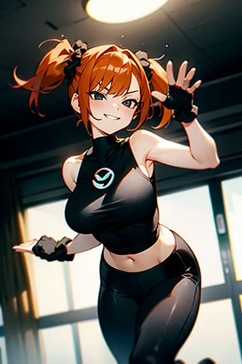 twintails, ginger hair, short hair, black eyes, large breasts, black gloves, black tank top, black yoga pants, black scrunchie, indoors,gym, smirking, waving