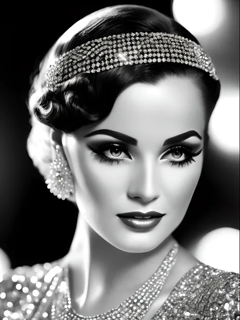 A glorious confident woman, Luxury Vintage Fashion House, 1920s Hollywood style, hyper realistic black and white photography, in the style of shiny rhinestone crystals.