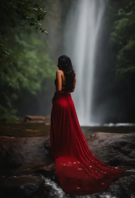 back side photo without face . very Long focus. Far away kerala big boobed , curvy woman in salwar  standing in heavy rain and fog in forest under waterfall -big ass, wet body. Long view sexy view. giving back pose without face. semi . Big ass - 8K quality...