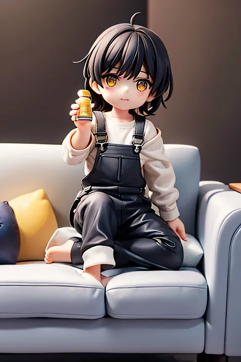 cute little boy，has short black hair，a pair of yellow eyes，wear overalls，the top is a black coat，the coat has a small decoration...