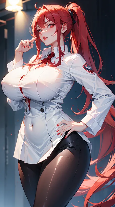 1 woman milf “"Giant breasts" + "large rear" + "wide hips" + "plump thighs" + "red eyes" + "(white star pupils)" + (("serious expression")) + "Long red Hair in a ponytail" + "Red Lips" + "Lucious Lips"”)}, {“Outfit”: tight white shirt, short tight black sk...