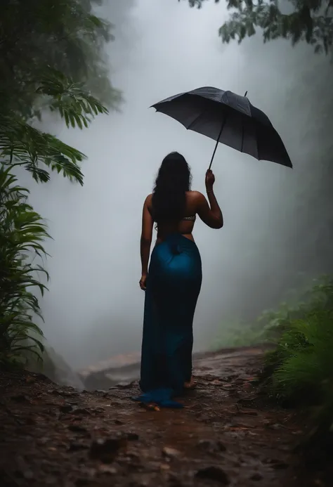 back side photo without face . very Long focus. Far away kerala big boobed , curvy kerala woman in sexy saree  standing in heavy rain and fog in forest under waterfall with umbrella in hand , butterflies are flying around her-big ass, wet body. Long view s...