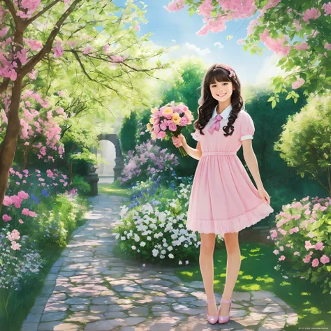 beautiful schoolgirl,wearing a pink dress,holding a bouquet of flowers,standing in a blooming garden,with butterflies flying around her,soft sunlight shining on her face,long wavy hair flowing in the wind,smiling brightly and looking towards the distance,s...