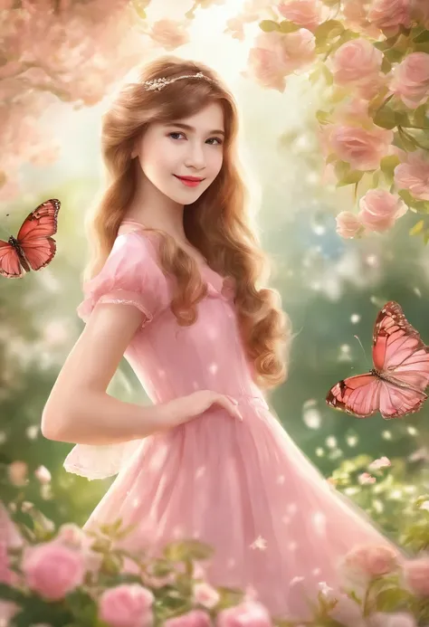 beautiful schoolgirl,wearing a pink dress,holding a bouquet of flowers,standing in a blooming garden,with butterflies flying around her,soft sunlight shining on her face,long wavy hair flowing in the wind,smiling brightly and looking towards the distance,s...