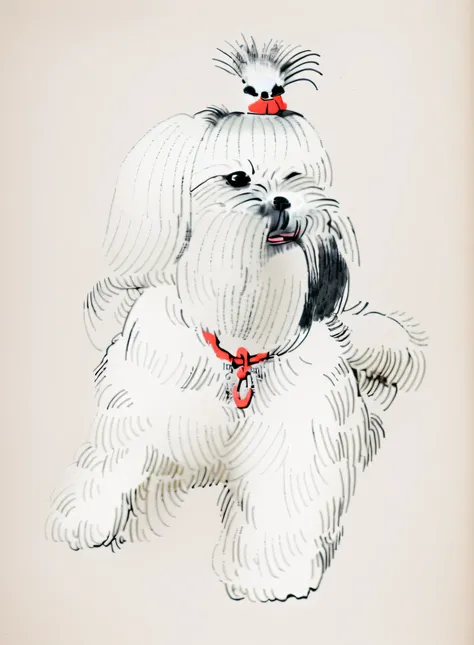 A drawing of a dog on a white face, Illustration of a dog, From Charles Kinner, Hand drawn illustrations, 。The coat on the head of the Shih Tzu grows radially in all directions, and it is a well-known ancient and precious dog breed。