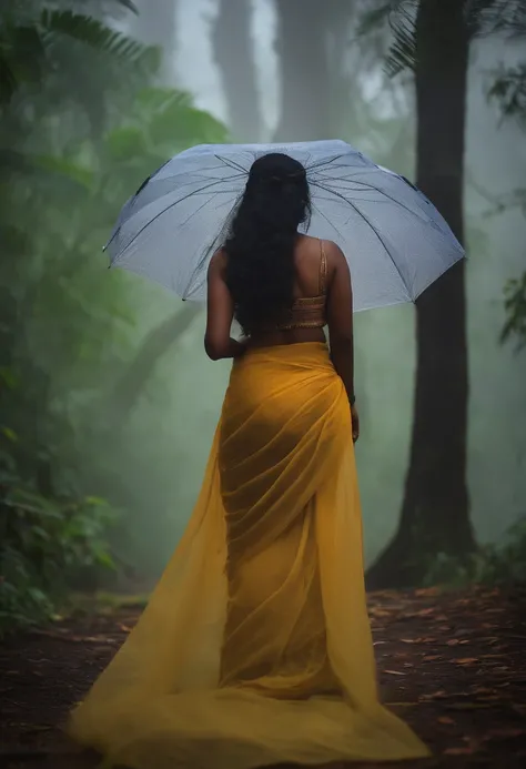 back side photo without face . very Long focus. Far away kerala big boobed , curvy kerala woman in sexy saree  standing in heavy rain and fog in forest  with umbrella in hand , butterflies are flying around her-big ass. Long view sexy view. giving back pos...