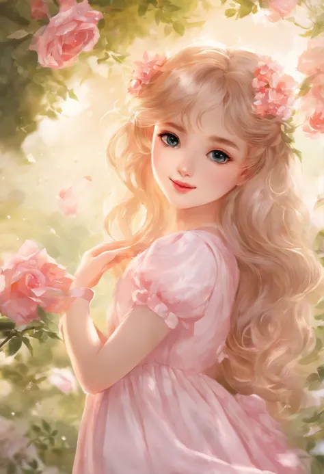 beautiful schoolgirl,wearing a pink dress,holding a bouquet of flowers,standing in a blooming garden,with butterflies flying around her,soft sunlight shining on her face,long wavy hair flowing in the wind,smiling brightly and looking towards the distance,s...