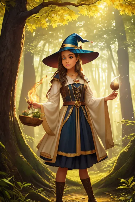 Imagine uma feiticeira jovem e encantadora, with witchs clothes and hat, sentada em uma encantadora clareira na floresta. Shes surrounded by floating magic books, who twirls as she holds a magic wand with an adorable expression of surprise.Magic Shooting S...