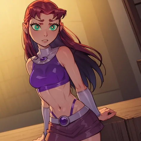 Starfire, dark green eyes, reddish hair, green pupils, solo, entire body, athletic body, hands behind back, short skirt