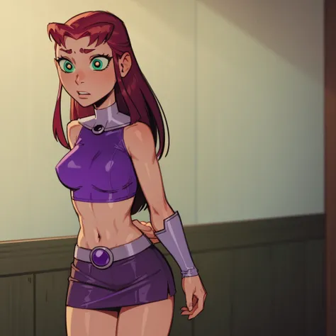 Starfire, dark green eyes, reddish hair, green pupils, solo, entire body, athletic body, hands behind back, short skirt