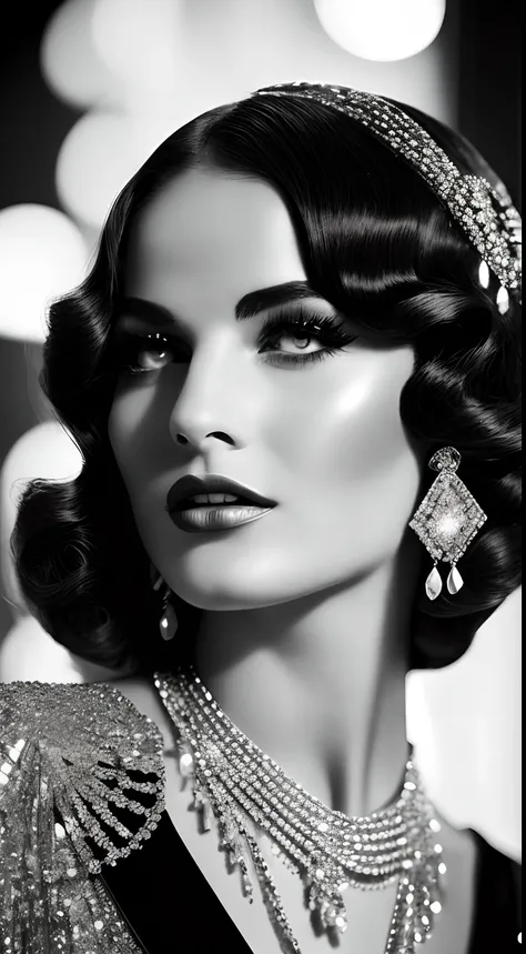 A glorious confident woman, Luxury Vintage Fashion House, 1920s Hollywood style, hyper realistic black and white photography, in the style of shiny swarowski crystals.