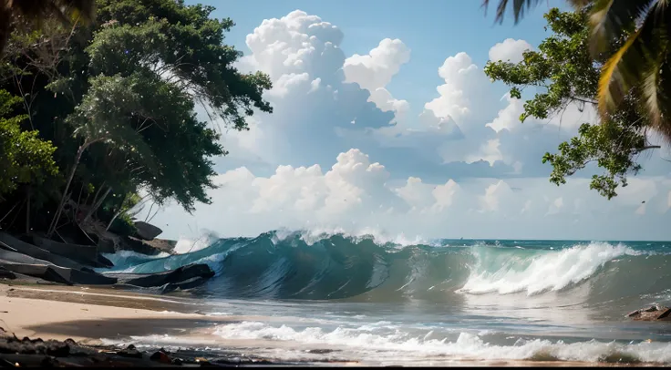 a hyper realistic photography of Tidal Wave Beach in Desaru, no people, Nikon D850 DSLR 4k camera, 100mm lens, F 1.2 aperture setting, bright and natural lighting, vibrant, fun and relaxing atmosphere