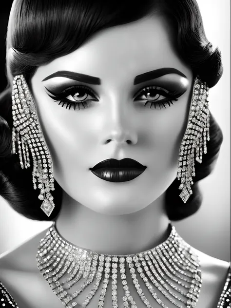 A glorious confident woman, Luxury Vintage Fashion House, 1920s Hollywood style, hyper realistic black and white photography, in the style of shiny rhinestone crystals.