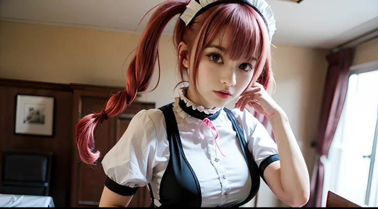 Faris, 1girl, solo, neck_ribbon, beauty, extremely beautiful face, ((pink hair)), French maid dress