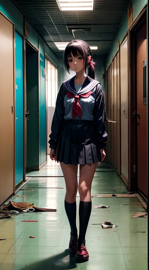 Estilo anime japones, garota colegial fantasma geek nerd cabelos azuis, Empty eyes, Hovering in the halls of abandoned school, messy environment