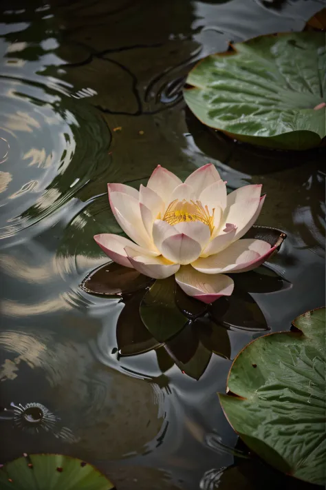 Help me draw a lotus flower，There are many lotus leaves around，There is clear water，Morning style，realistic detail，8KCG wallpaper，Canon 1.2 apertures