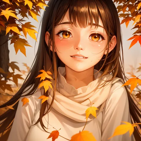 Top quality, masterpiece, Masterpiece, 1 woman, 22 years old, (sad smile crying: 1.5), Fox personification, Open mouth, blush, yellow skin, gold-eyed, brown hair, white inner color, white dress, Lots of autumn leaves, Autumn twilight, Orange view, Ghibli, ...