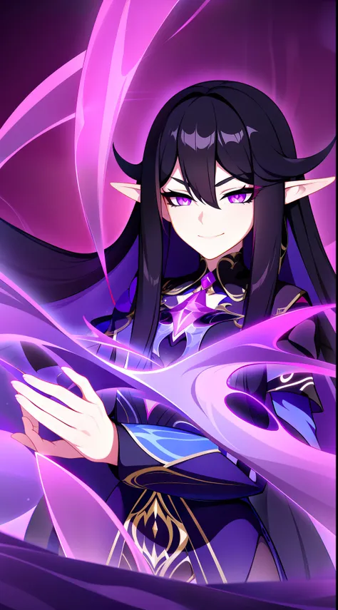 young girl, Long black hair, violet eyes, elf ears, smirk, Purple Sorcerer Form, Gold Elements, water magic, Masterpiece, hiquality, 4k, HD, Good detail