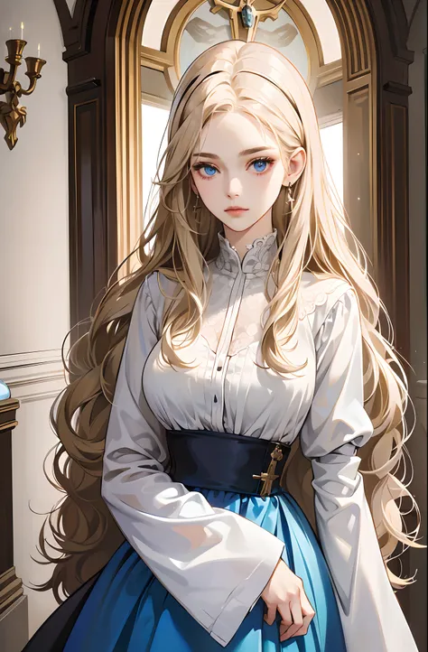 (best quality,highres,masterpiece:1.2),ultra-detailed,(photorealistic:1.37),beautiful detailed blind blue eyes,girl in a European mansion about 25 years old,slender,elegant and beautiful clothes,crucifix details,crucifix earrings, long wavy blond hair