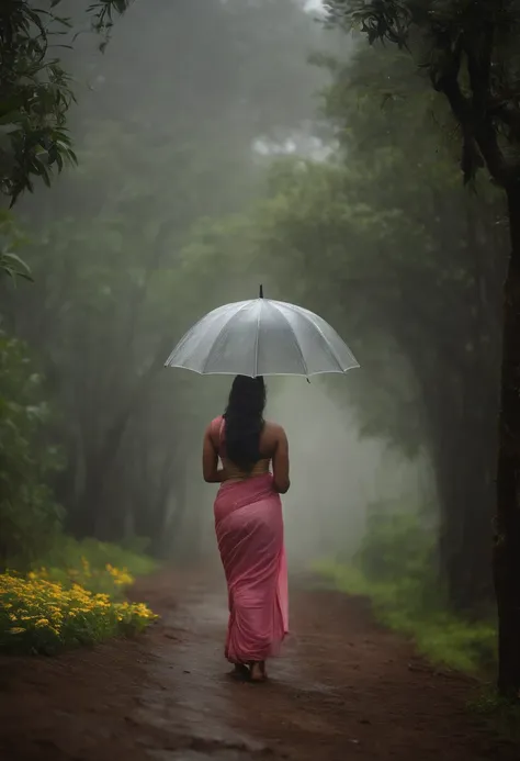 back side photo without face with naked leg. very Long focus. Far away kerala big boobed , big butt curvy kerala woman in  traditional dress standing in heavy rain and fog in  flower forest  with umbrella in hand , butterflies are flying around her-big ass...