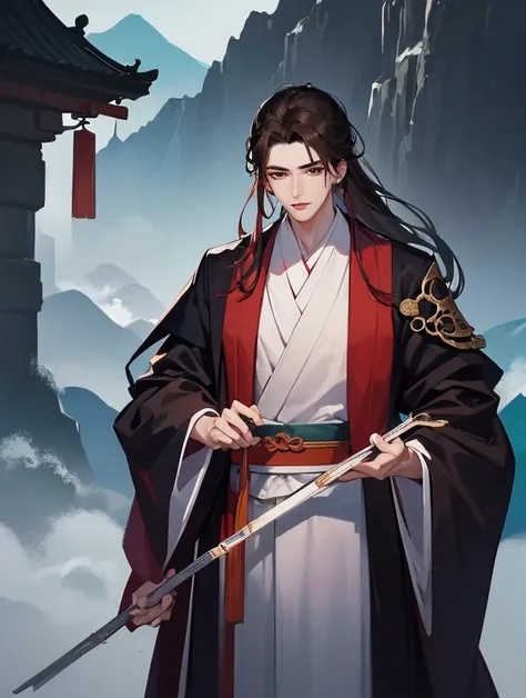 Close-up of a man in a robe and tie,Folding fan in hand，Brown hair long， Cai Xukun, Inspired by Zhang Han, xianxia hero, inspired by Wu Daozi, Inspired by Seki Dosheng, young wan angel, tian zi, drak, Xianxia, heise jinyao, Inspired by Zhao Yuan, Li Zixin,...