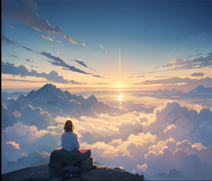 Create an illustration capturing the breathtaking view of a sea of clouds during sunrise from a mountaintop. The sky is painted in hues of gold, casting a warm and ethereal glow over the entire scene. The clouds below, gently illuminated by the morning lig...