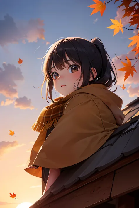 a cute young girl looks at the sunset sky from a roof, autumn, fall colors, leaves, trees