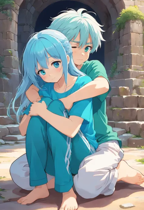 1 girl and 1 boy hugged. A beautiful girl , about 8 years old. The girl has (long light blue hair, straight messy hair, bangs and big blue eyes). The girl wears (a turquoise tunic and purple tide pants). A boy, about 10 years old. The boy has (short blonde...