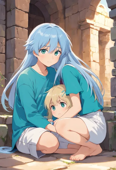 1 girl and 1 boy hugged. A beautiful girl , about 8 years old. The girl has (long light blue hair, straight messy hair, bangs and big blue eyes). The girl wears (a turquoise tunic and purple tide pants). A boy, about 10 years old. The boy has (short blonde...