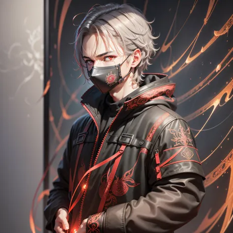 masterpiece, best quality, illustration, science fiction, black red theme, 1boy, looking down at viewer, hands in pockets, thin, detailed messy gray hair, bright red eyes, black techwear coat, black mouth mask, wire, cable, (backlighting) wallpaper, poster...