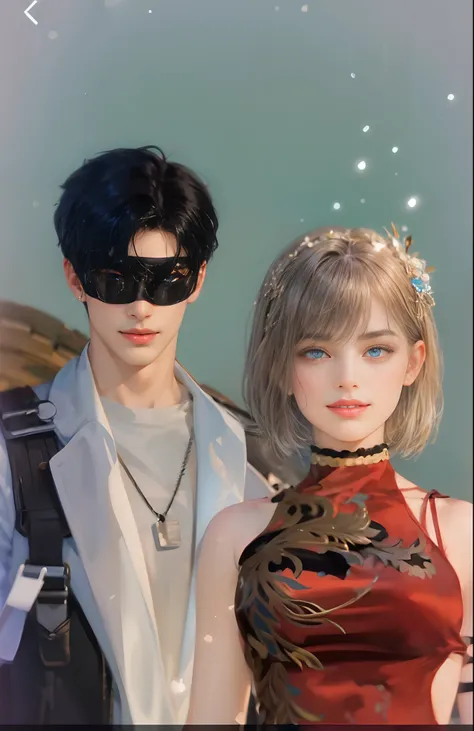 The boy has a handsome face, symmetrical face, symmetrical eyes. Short black hair, sky blue eyes. He has an amazing physicality. Open black shirt and jeans. Hes taller than the girl. He huges her. He looks at the viewer