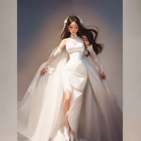 um desenho animado de uma mulher em um vestido de noiva branco, asian female, vestido grande elegante e branco, vestido longo, Full portrait of an asian bride, Ethereal corset dress, Potencializando a Aura, Epic Wedding Dress, Vestido de noiva branco longo...