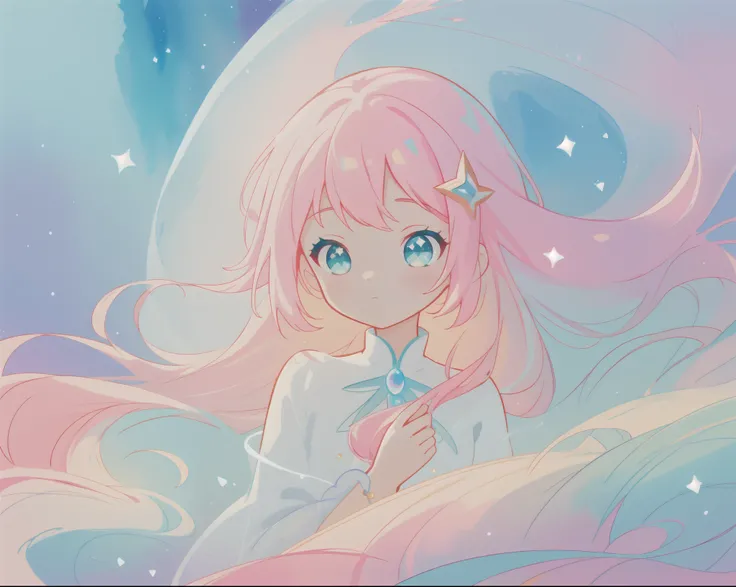 beautiful girl in flowing white dress, vibrant pastel colors, (colorful), magical lights, long flowing colorful pink hair, otherworldly aqua and blue landscape background, inspired by Glen Keane, inspired by Lois van Baarle, disney art style, by Lois van B...