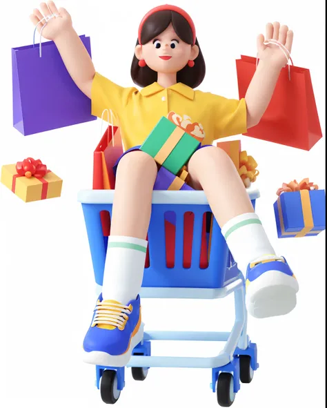 Close-up of a toy shopping cart，there was only one person sitting in it, [ Digital art ]!!, promo art, E-Girl, e - girl, promotional render, no gradien, advertisement picture, 3d character, 3 d character, 3 D 插图, 3D illustration, 2 d cg, Girl, 2 d illustra...