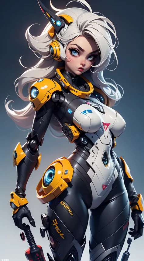 A fantz monster design, Cute robots in space [style-rustmagic]，female robot，Half-human, tmasterpiece， （tmasterpiece， top-quality， best qualityer）， 1girll， 独奏， tightsuit， nedium breasts， long whitr hair， white backgrounid， ssmile， simplebackground， mediuml ...