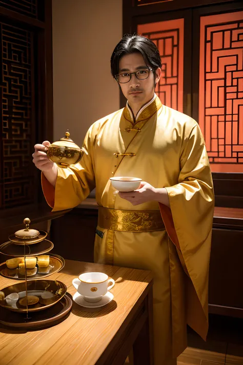 There was a man standing at the tea table，Holding a Chinese-style gaiwan in his hand，The man was 35 years old at the time，Wear gold wire glasses，Wear a Tang costume，Real Human，k hd，Rich expressions，Look ahead