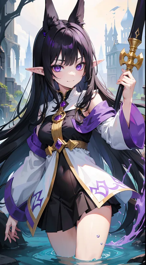 young girl, Long black hair, violet eyes, elf ears, smirk, Purple Sorcerer Form, Gold Elements, water magic, Masterpiece, hiquality, 4k, HD, Good detail