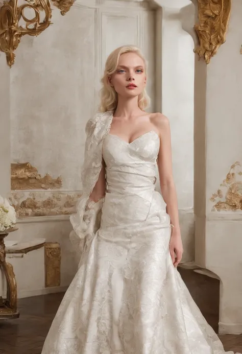 blonde female model wear a Viviane Westwood bride dress in a very old and fancy hotel, photography for one fashion magazine, realistic, ultra detailed