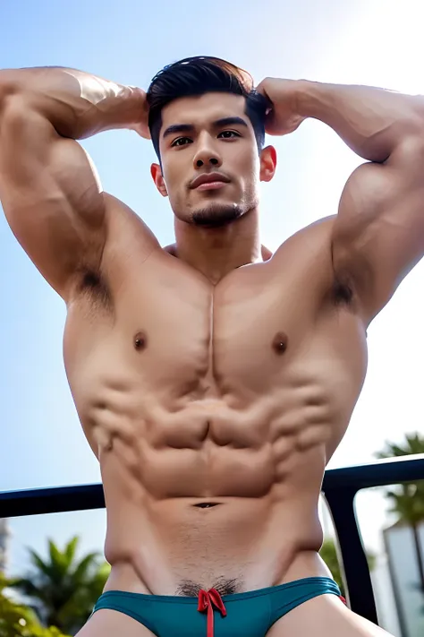 Masterpiece, Best Quality, Solo, Korean Men, bodybuilder, Muscular body, big muscle, Natural eyes, Short and delicate hair, Sexy Man, looking up at viewer, Triangle Mens Swimwear, Large protrusions, Erection, legs open, Muscular posture