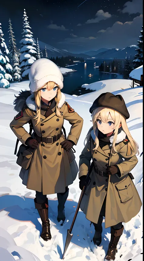 trench warfare, WW1, {{2 girls}}, blond, in snow mountain, fjord, ushanka, winter coat, BDU, girl holding civil engineering shovel, (best quality, perfect quality), high resolution, looking afar