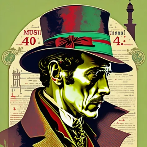 um detetive dos anos 40, with hat and overcoat, sherlock holmes, vector, print design